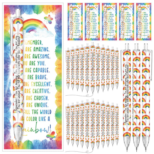 AmazingSpark 50 Set Inspirational 0.7 mm Rainbow Retractable Pencil Gifts for Students from Teacher Encouragement Affirmation Bookmark Cards Opp Bag Valentines Classroom Prize Awards for School