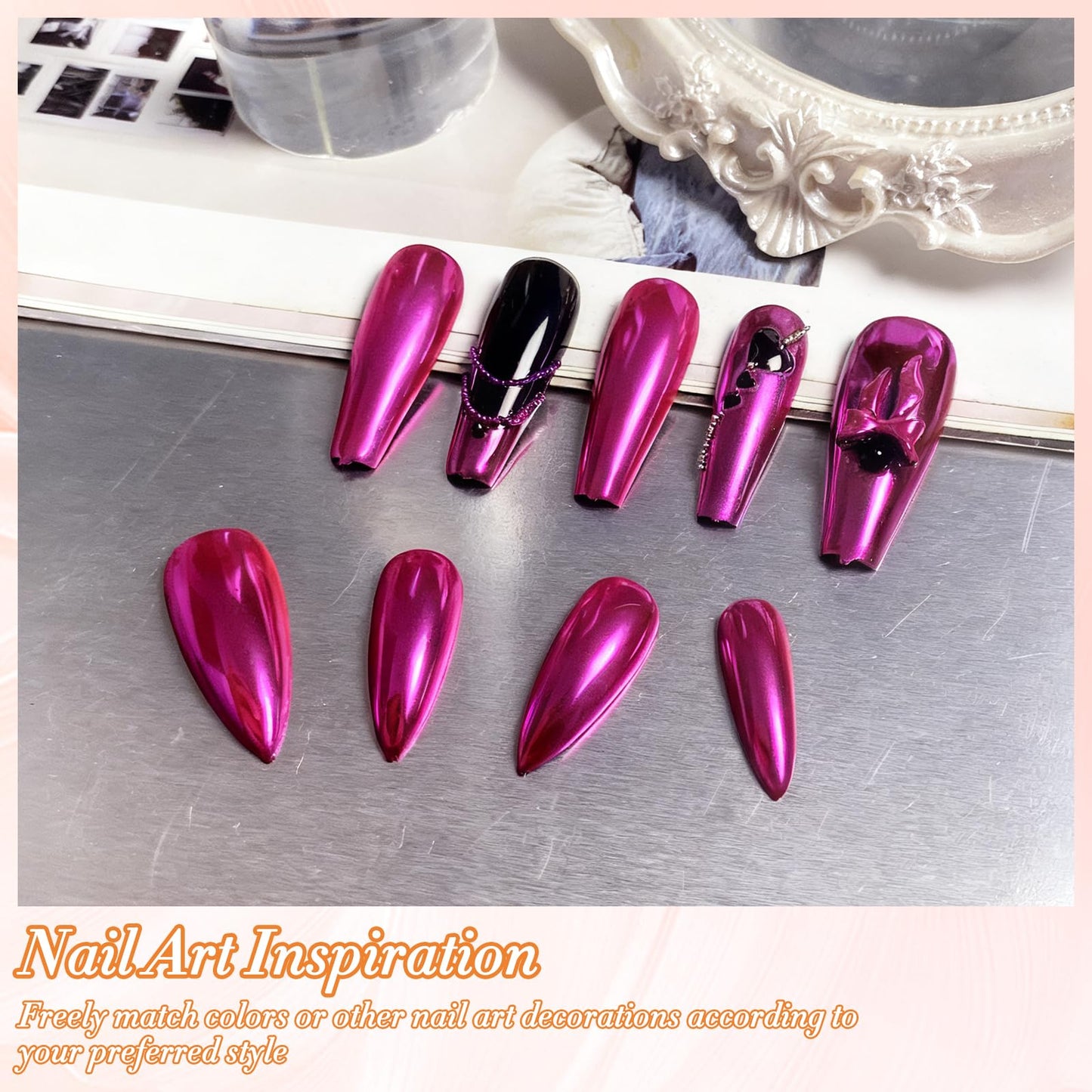 FNNZ Chrome Nail Powder, Metallic Nail Powder Pigment Premium Mirror Effect Salon Nail Art Glitter Dust for Valentines Gel Polish Decoration Home DIY Nail Manicure Supplies - Fuchsia Glimmer
