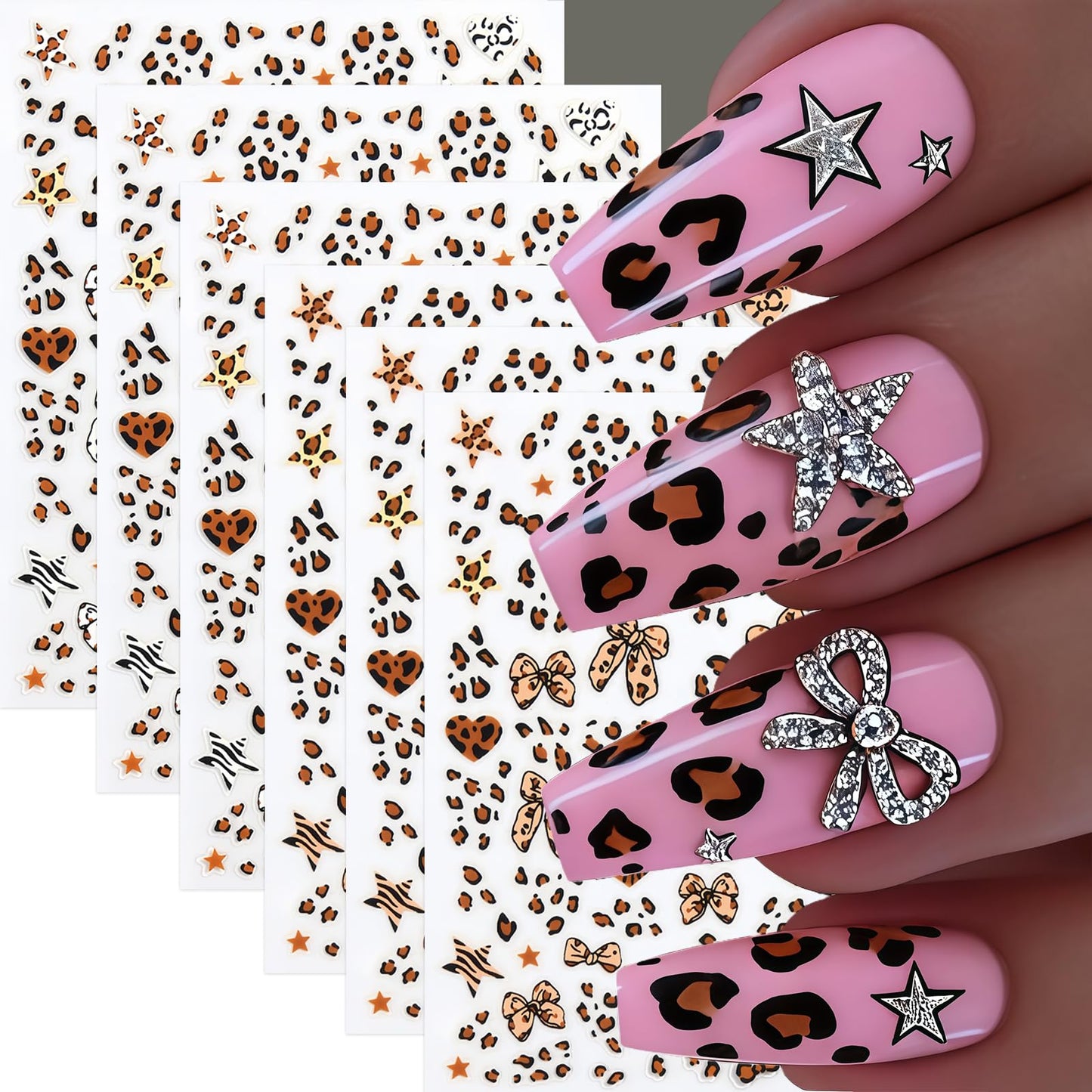 6 Sheets Leopard Print Bow Nail Stickers 3D Self-Adhesive Brown White Bow Tie Nail Decals Cute Bow Star Heart Nail Design Valentines Manicure Accessories Nail Art Stickers for Women Nail Decorations