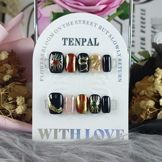 TENPAL Handmade Press on Nails Short Square,Glossy Black Nails with Hand-Painted Space Art (Sun/Moon/Crater) & 3D Serpent, Acrylic Soft Gel Winter Gothic Fake Nails For Women Girls,10pcs(XS)