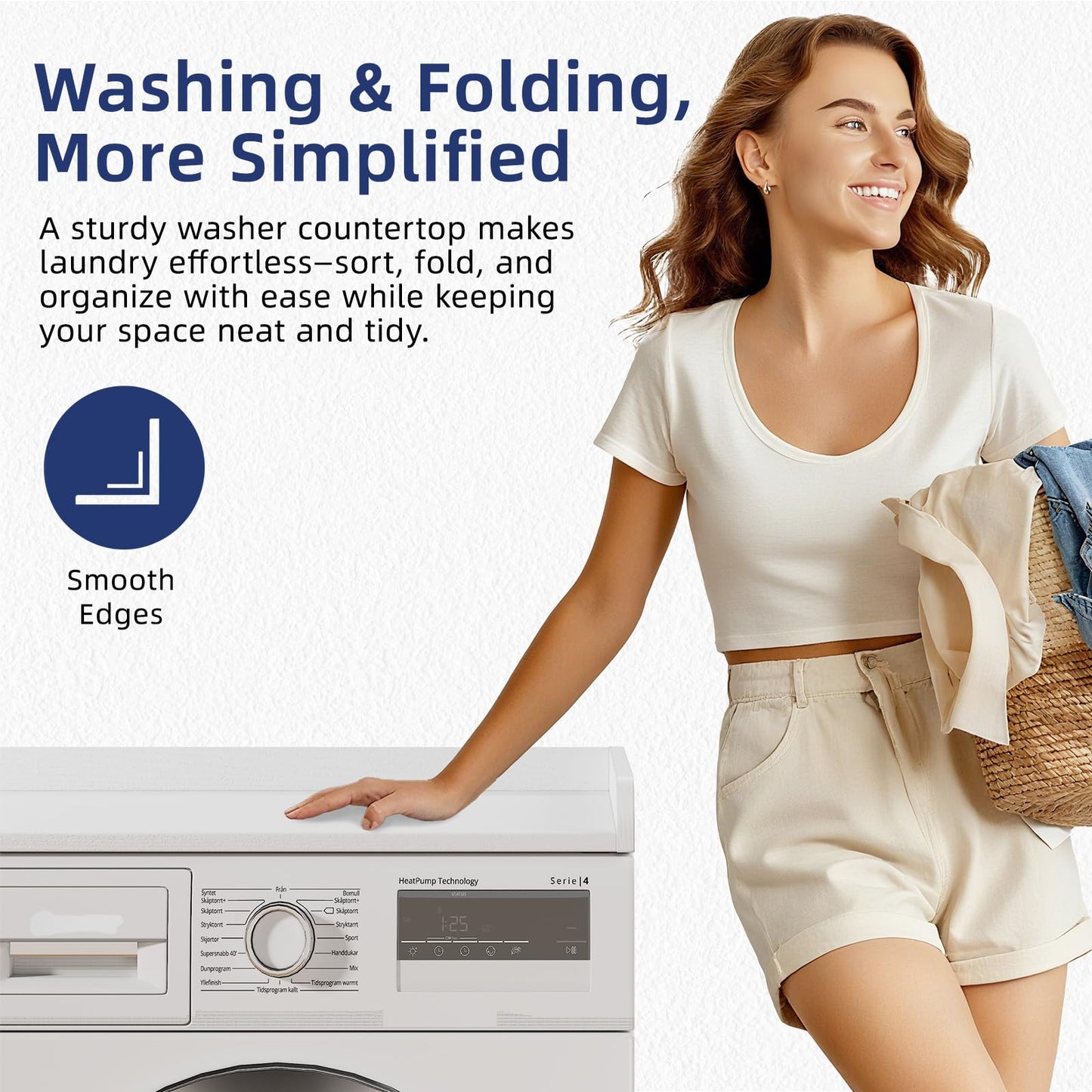 Memobarco Washer Dryer Countertop, 54" Width x 27.5" Depth Laundry Countertop Organization, Wooden Washer and Dryer Topper for Folding, Sorting & Ironing, Easy to Install, White