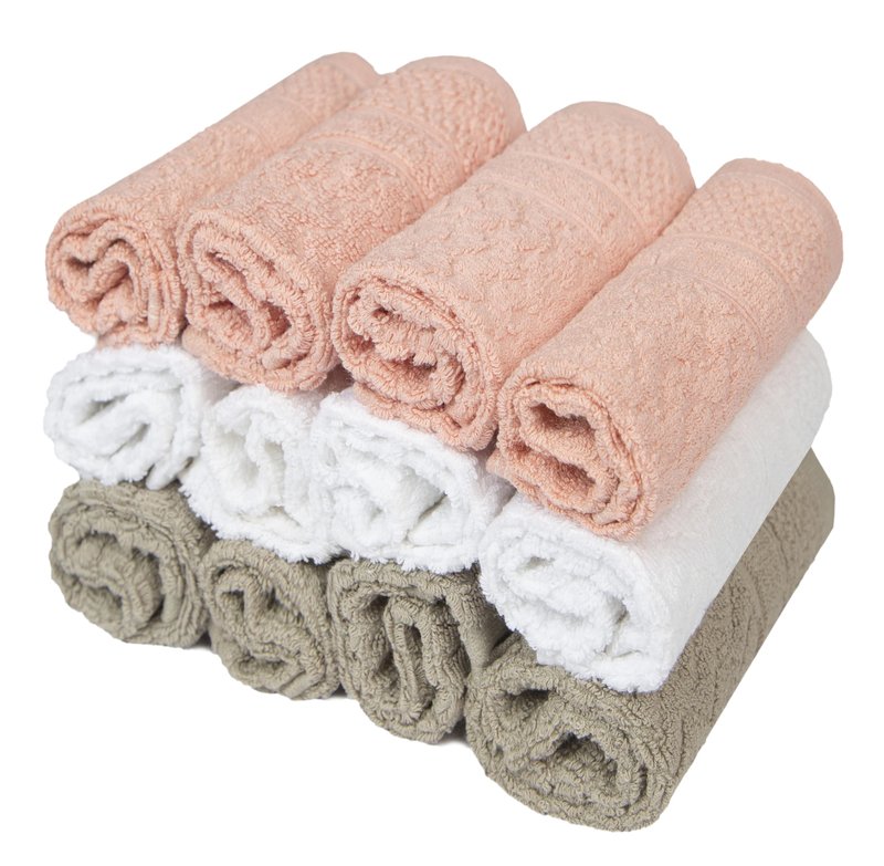 PH Pleasant Home Diamond Wash Cloths Set - 12 Pack (12” x 12”) – 509 GSM - 100% Ring Spun Cotton Wash Cloth - Super Soft and Highly Absorbent Face Towels (Blush, White & Tan)