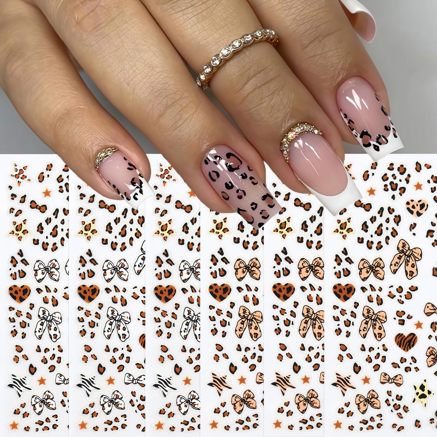 6 Sheets Leopard Print Bow Nail Stickers 3D Self-Adhesive Brown White Bow Tie Nail Decals Cute Bow Star Heart Nail Design Valentines Manicure Accessories Nail Art Stickers for Women Nail Decorations