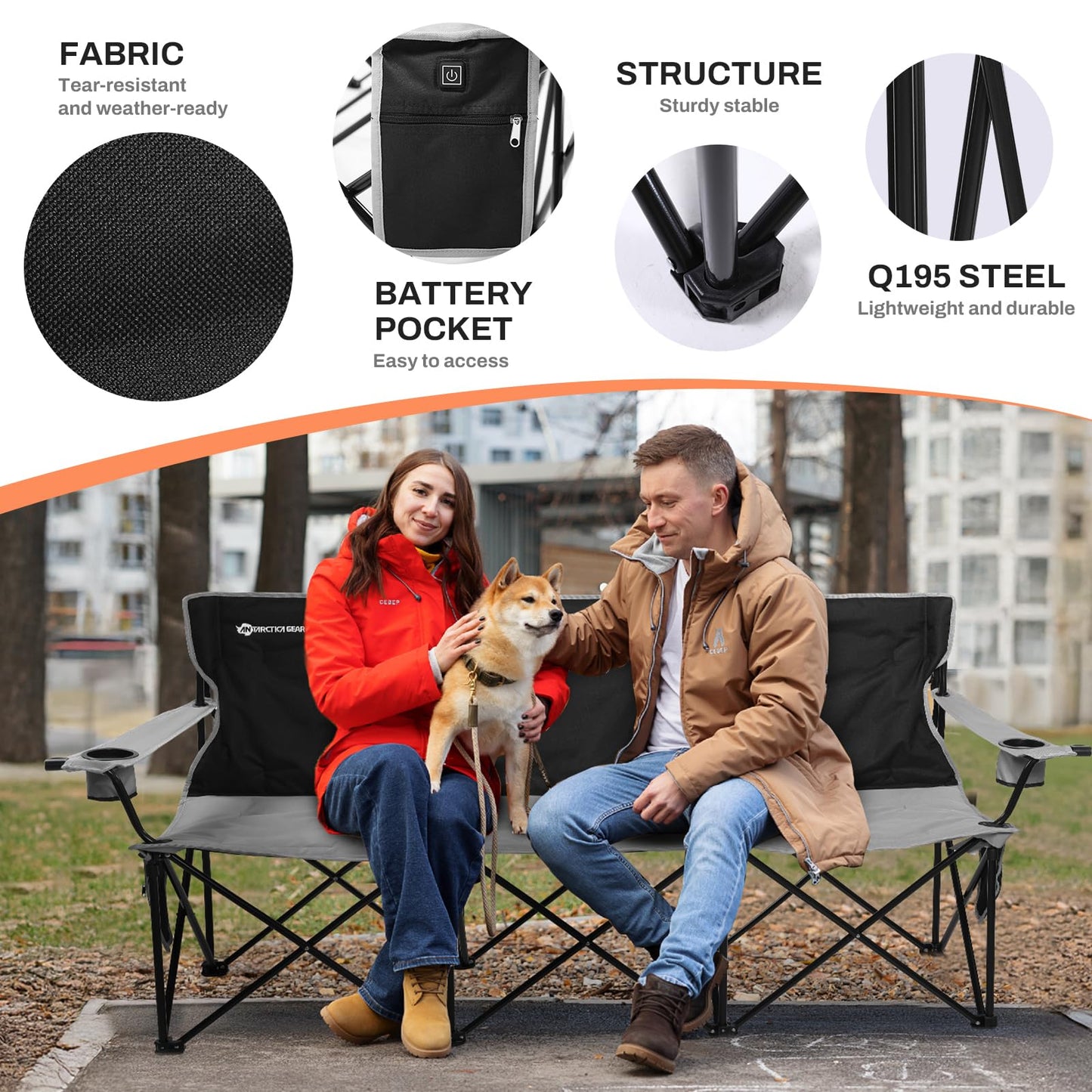 ANTARCTICA GEAR Heated Double Camping Chair with 12V 15000mAh Battery Pack - Heavy-Duty XL Folding Bench for Outdoor, Campsites, Tailgating - Portable Heated Seating with Adjustable Warmth
