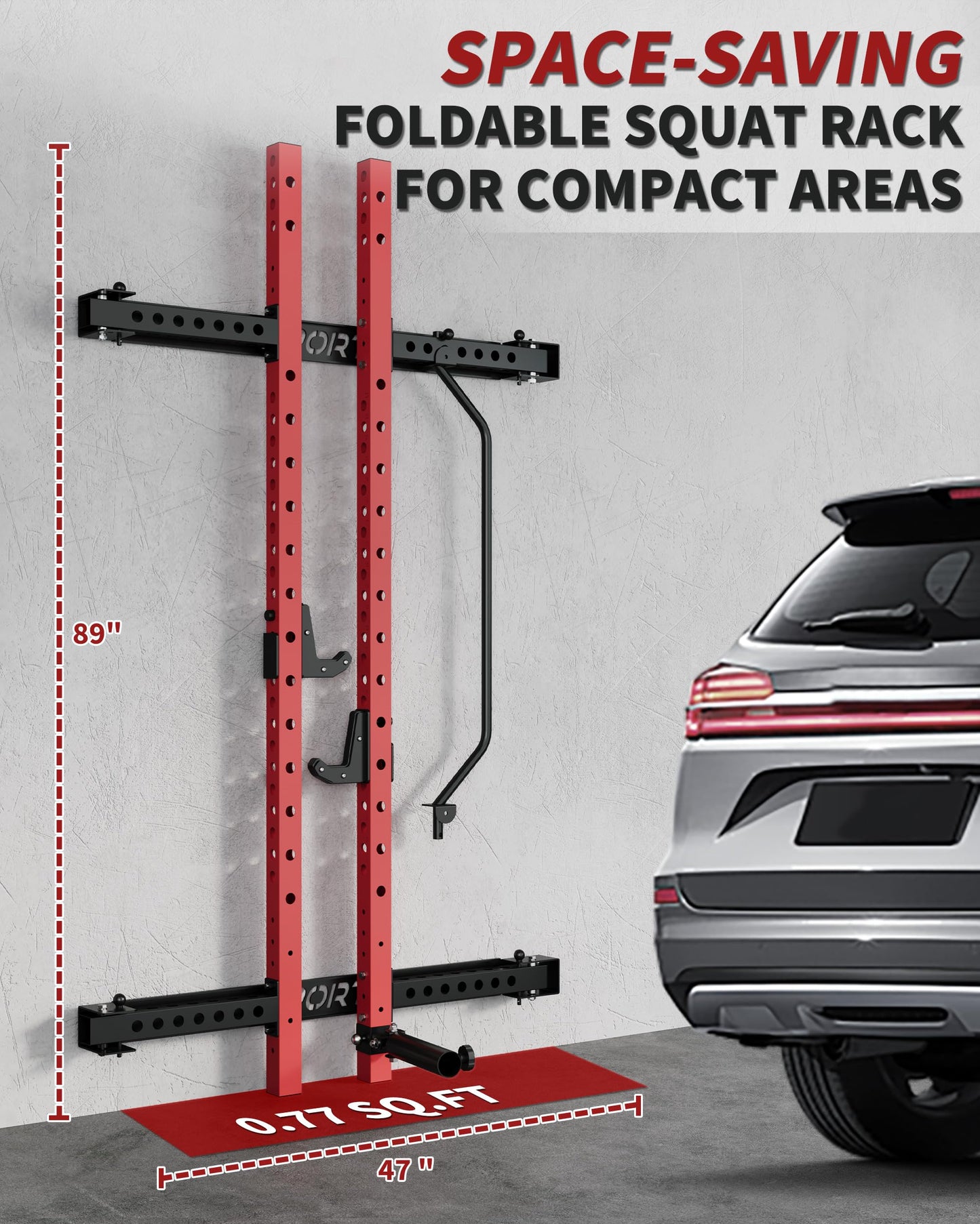 Folding Squat Rack for Home Gym, 1000 LB Capacity Wall Mounted Power Rack with Pull Up Bar, J Hooks and More Attachments, 2.36" x 2.36" Space Saving Multifunction Power Cage, Black/Red