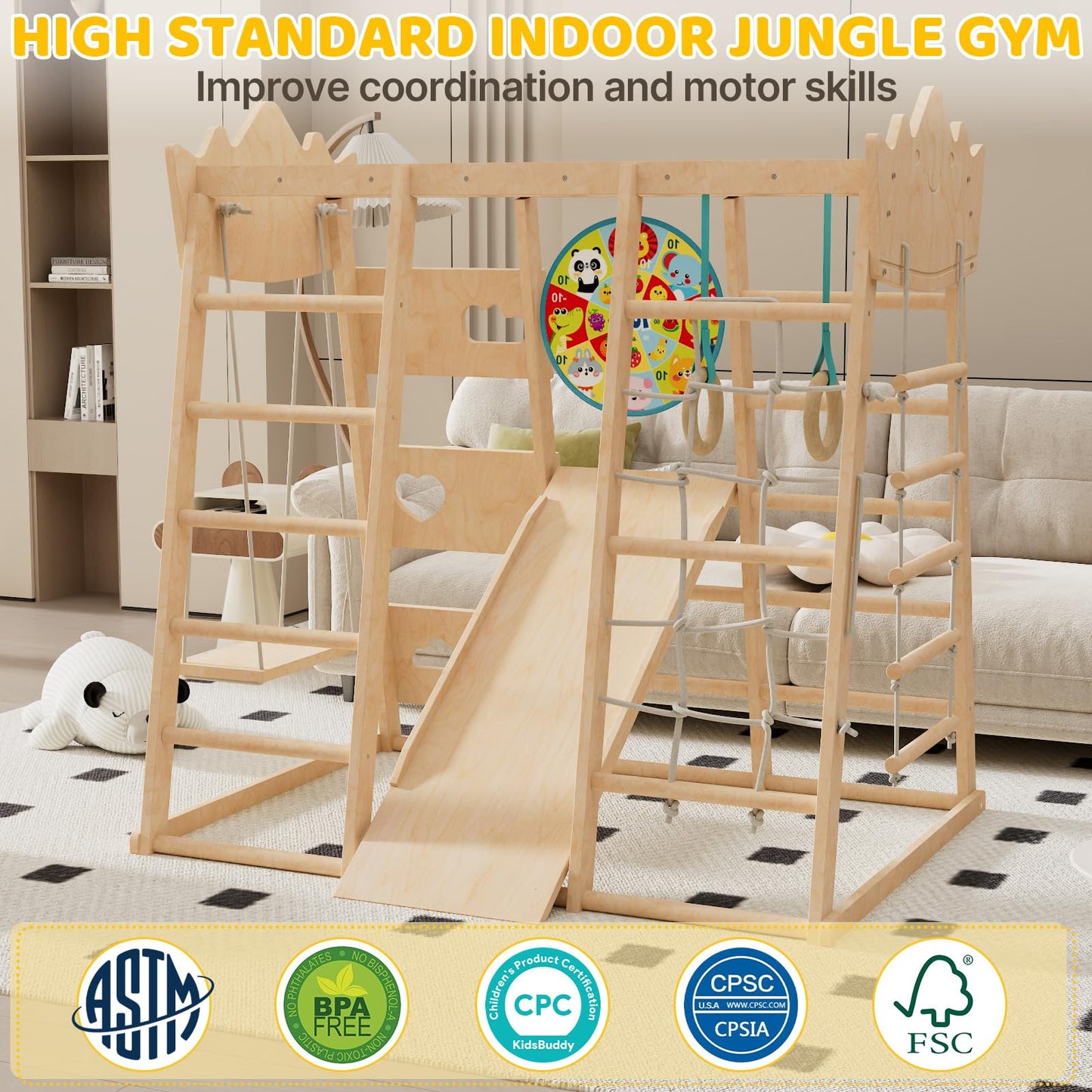 9-in-1 Indoor Jungle Gym, Indoor Playground for Toddlers,Wooden Montessori Climber Playset with Slide, Swing, Monkey Bar, Climbing Rock Climbing Net, Rope Ladder, Climbing Ladder, Rings and Dart Board