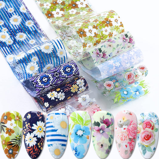 Flowers Nail Foil Transfer Stickers Decals, Flower Nail Transfer Foils Sticker Designs Spring Floral Sky Starry Paper Nail Art Decals Acrylic Nails Supplies for Women Girls Manicure Tips Decorations
