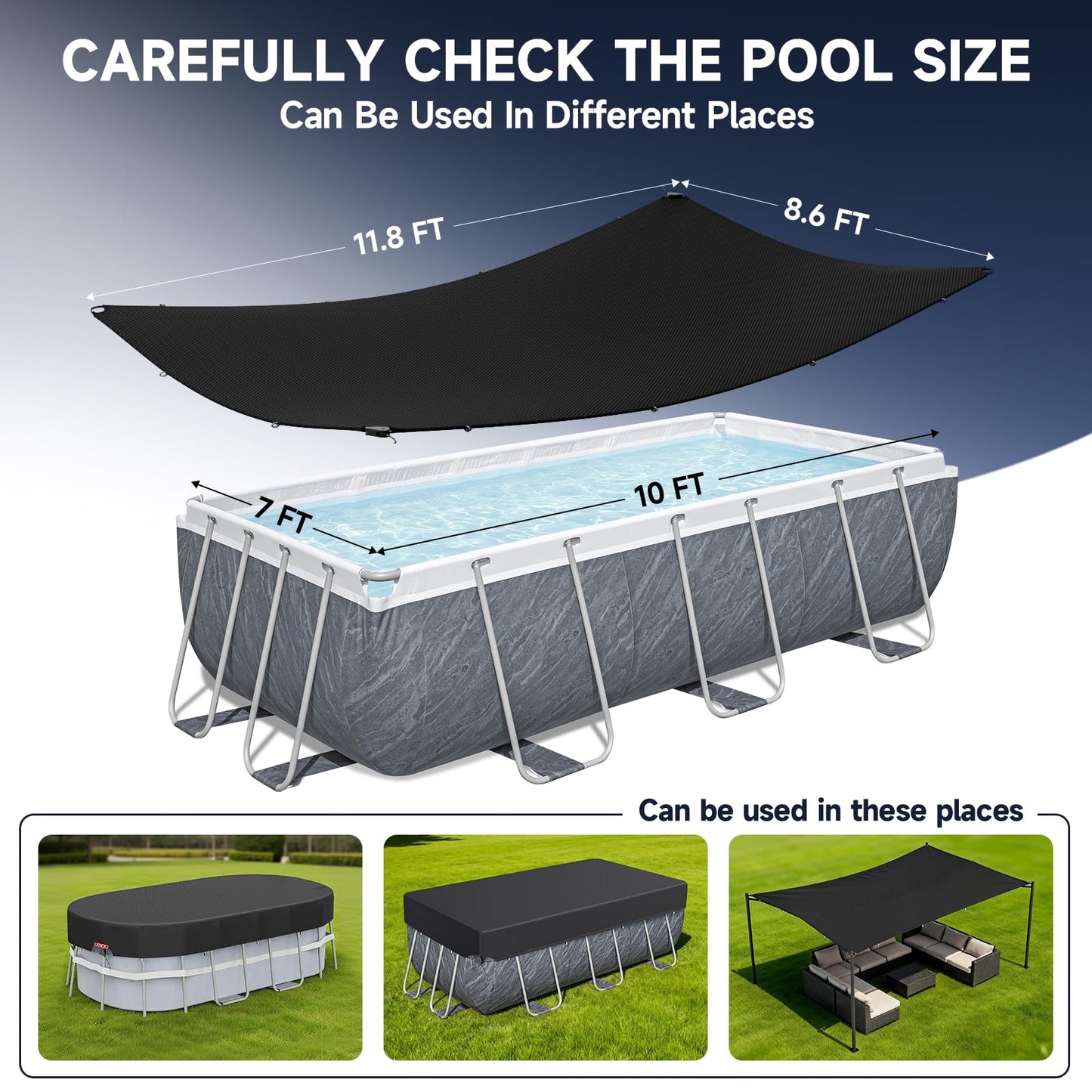LXKCKJ 7x10 FT Rectangular Pool Cover for Above Ground Pool, Solar Oval Pool Cover Protector, Winter Pool Cover with Accessories Set Ideal for Cold and UV Resistant, Dustproof (Black)