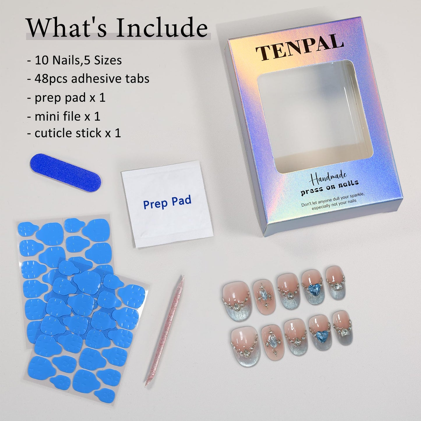 TENPAL Handmade Press on Nails Short Oval- Icy Blue French Tips Fake Nails with Cat Eye Designs, Glitter Glossy False Nails Kits for Women,Cute Sheer Stick on Nails for Daily Wear(M)