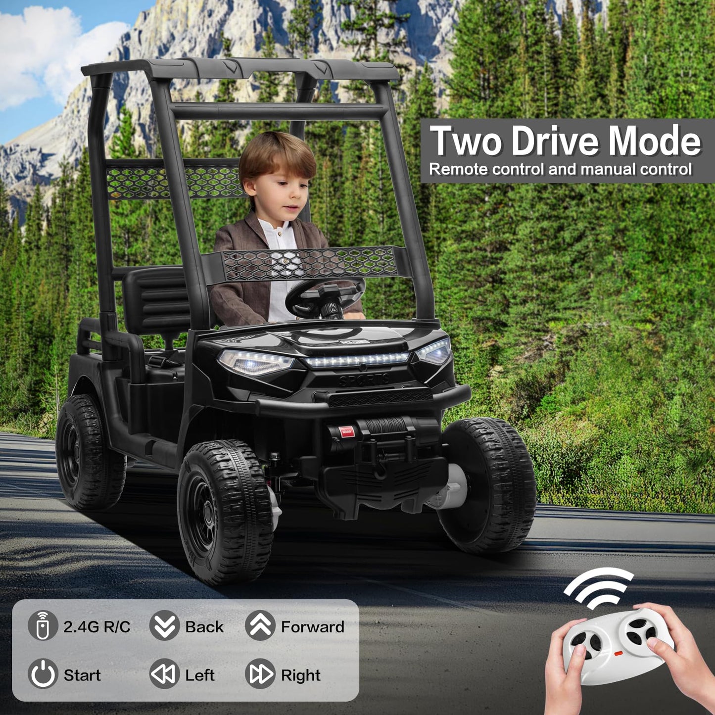 24V 2 Seater Kids Ride on Car, 4WD Golf Cart with Parent Remote Control, 4x4 Motors Ride on Truck with Roof, Toddler Electric Vehicle with Storage Box, Foot Pedal, Music Player, Lights, Horn, Black