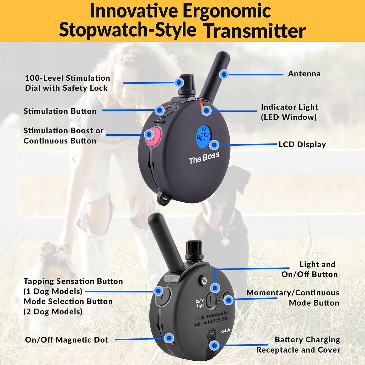 Educator ET-800 “The Boss” Dog Training E-Collar with Remote–1 Mile Range, 100 Levels Stimulation,Waterproof & Rechargeable–For Med & Lg Dogs 15 lbs+–Night Tracking Light, Expandable to 2 Dogs,Black