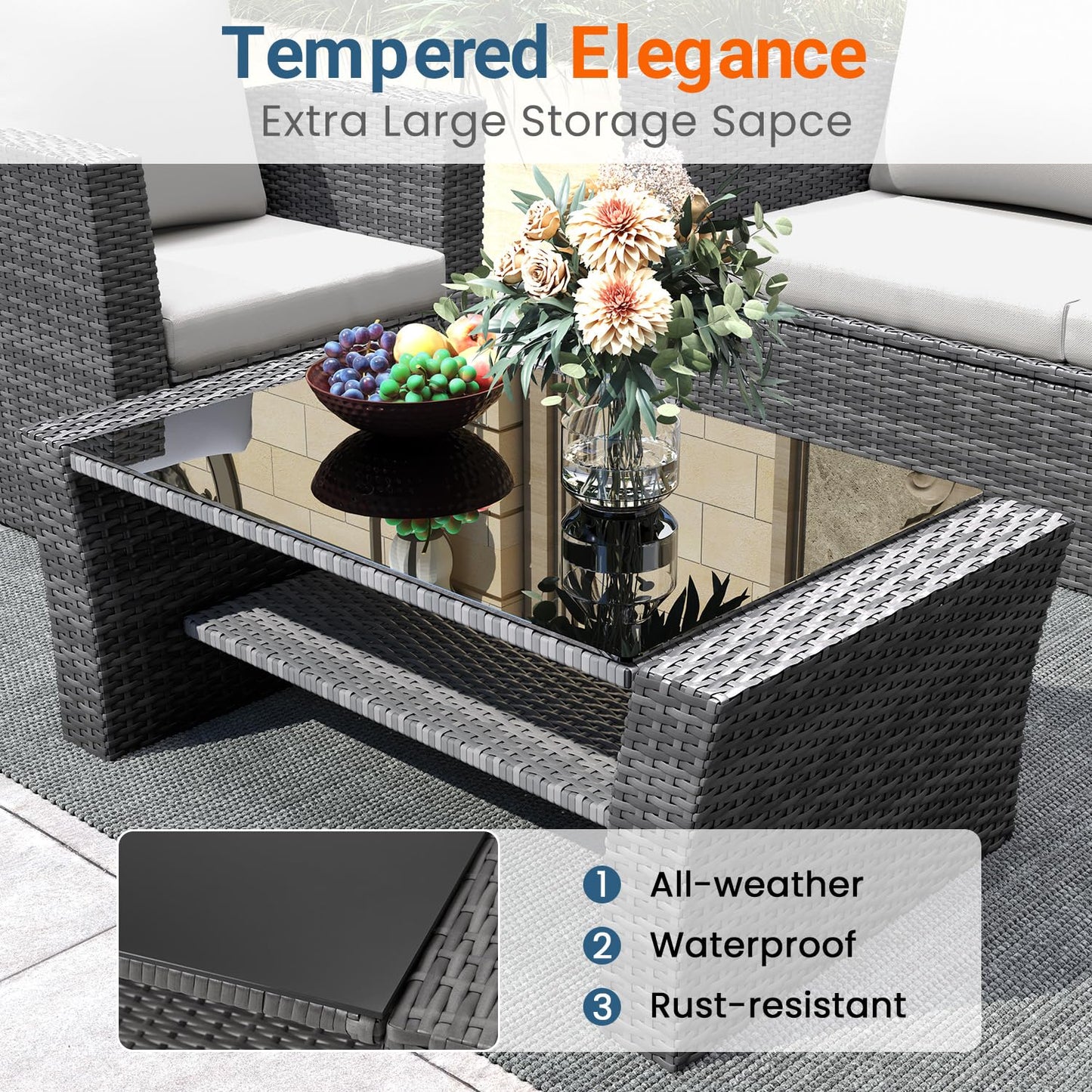 Wisteria Lane 4 Piece Patio Furniture Set, Wicker Outdoor Patio Conversation Furniture Set, All Weather Outdoor Patio Sofa with Cushion and Glass Table, Ash Gray