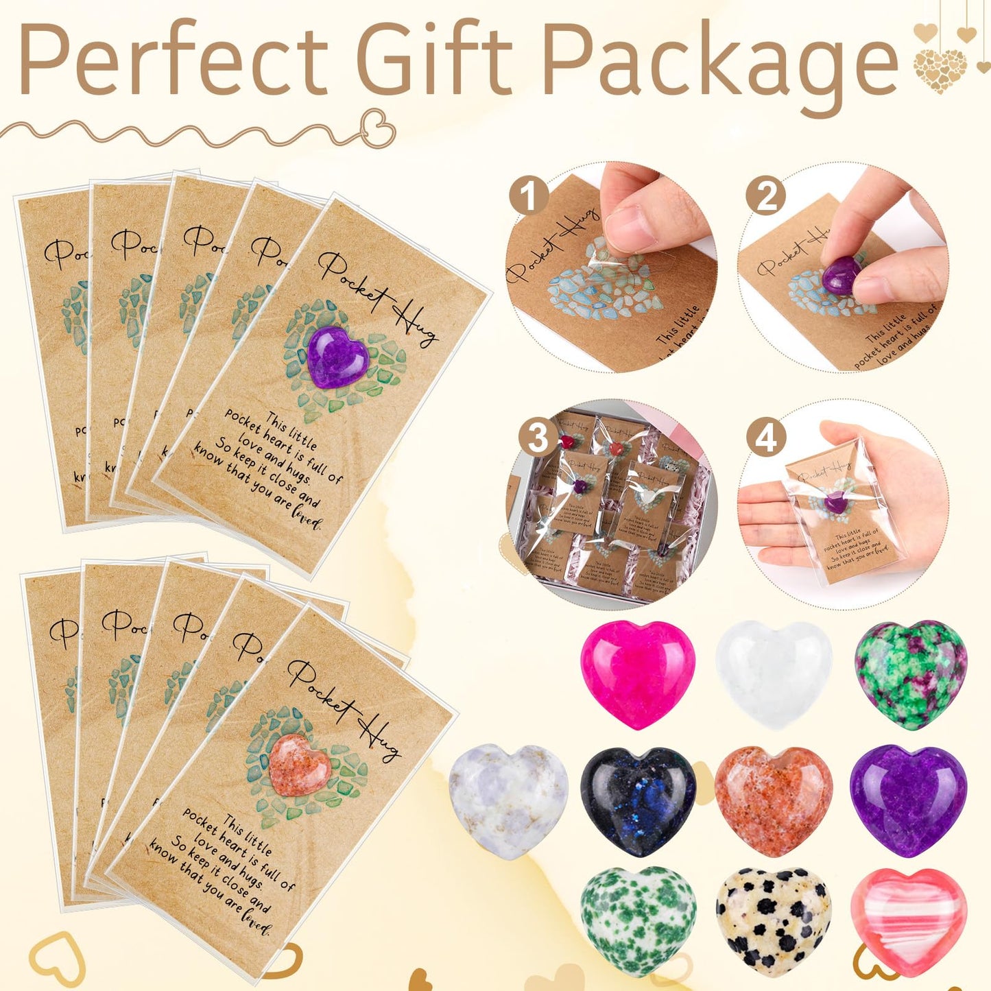 Nosiny 45 Sets Heart Stones Bulk Mother's Day Gift for Women Pocket Hug Token 0.8'' Natural Heart Crystals and Healing Stones with Card Employee Coworker Volunteer Nurse Graduation Meditation Gift