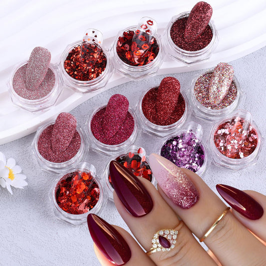 Red Pink Nail Glitter Powder 12 Boxes Cute Glitter for Nails Romantic Heart Lips Flakes for Nails Sugar Reflective Powder DIY Nail Art Decoration Wedding Valentine's Day Accessories