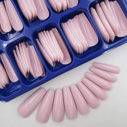 LoveOurHome 100pc Long Coffin Press on Nails Colored Artificial Fake Nails Full Cover Ballerina Acrylic Nail Tips 10 Size with Case (Light Khaki)