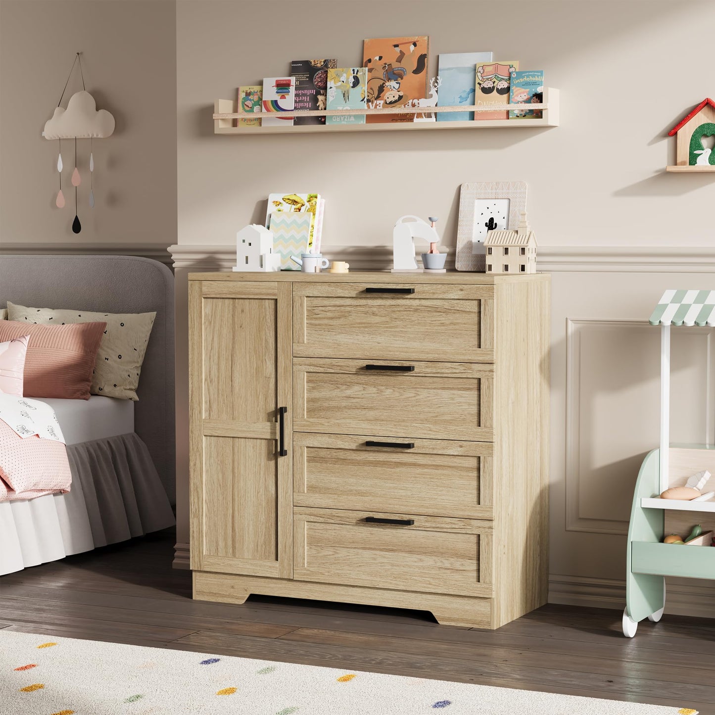 IDEALHOUSE 43.3'' H Armoire Wardrobe Closet with 4 Drawers and Hanging Rod, Multifunctional Wood 4 Drawers Dresser with Storage Closet, Clothing Storage Cabinets for Bedroom, Natural Oak