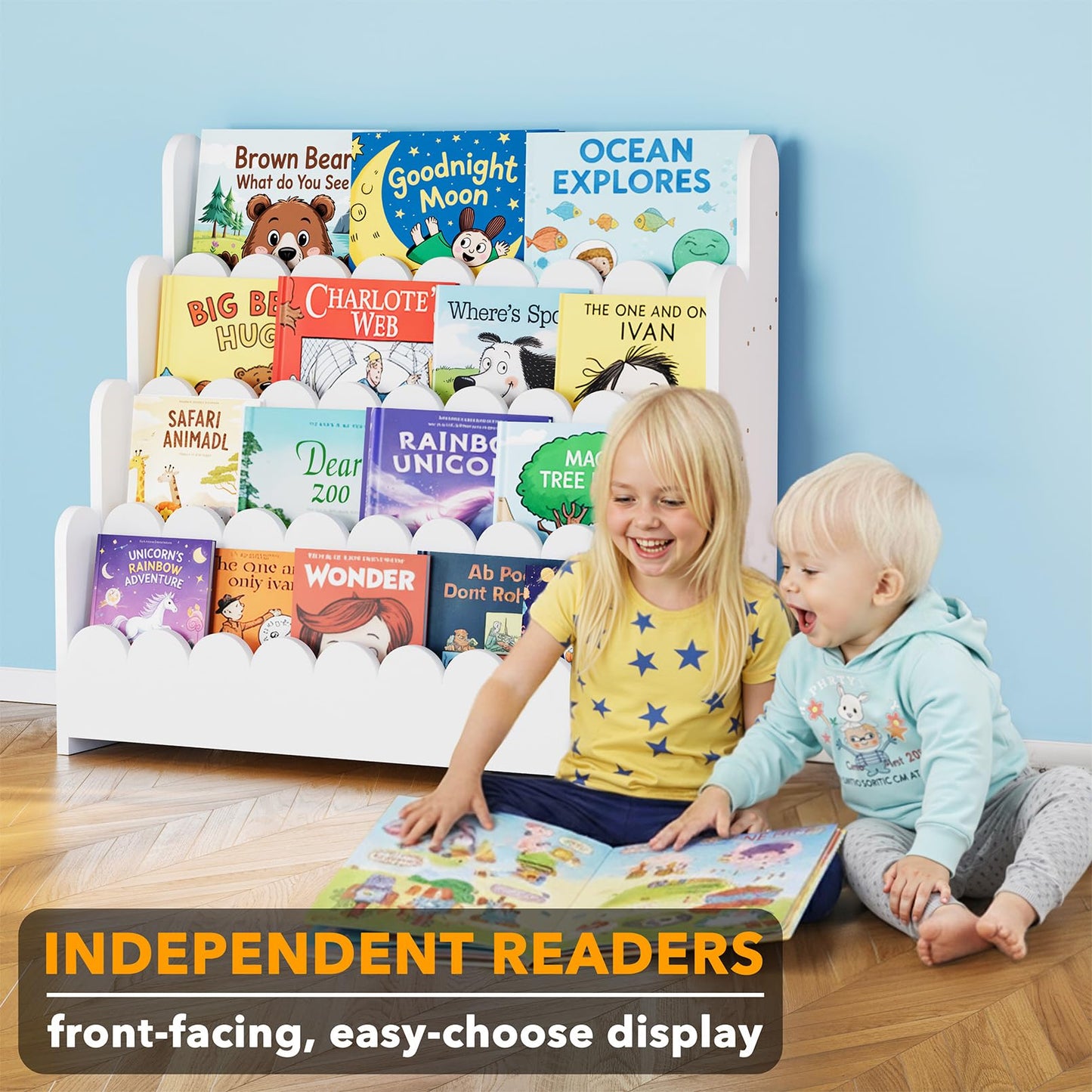 SpaceAid 4-Tier Scalloped Bookshelf, Montessori Bookcase for Toddlers, Wooden Book Shelf Organizer Display Furniture for Kids Rooms, Playroom, Nursery and Classroom, 29.6“ Wide, White