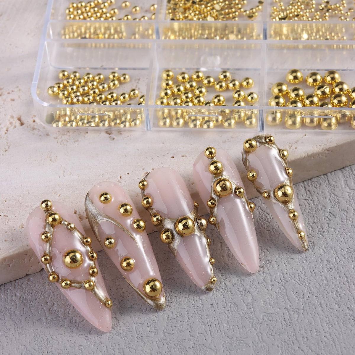 Star Nail Charms for Nails Art, 3D Gold Mixed Styles Stars Metallic Studs Rivets and Small Round Caviar Beads with Tweezers, Nail Jewelry Decorations Manicure Supplies Accessories for DIY Craft