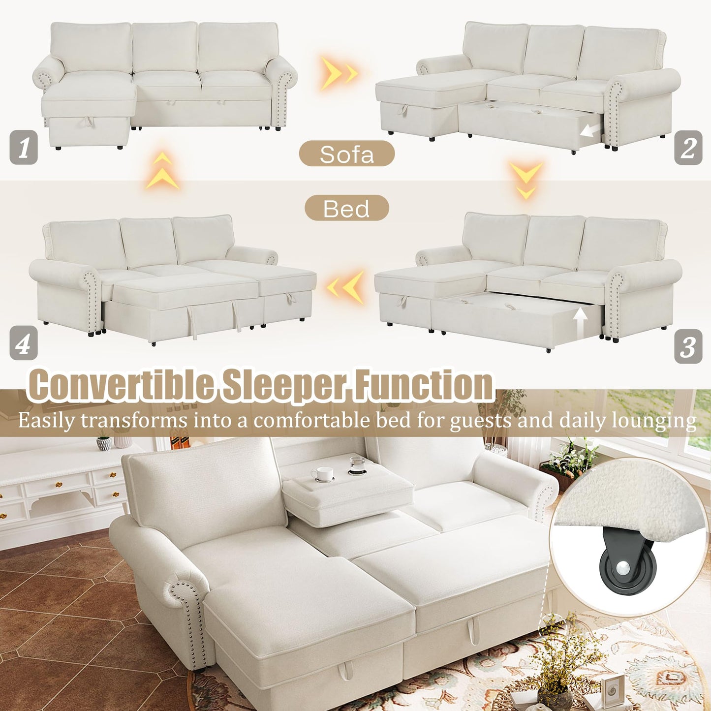 Merax 95" Convertible Sectional Sleeper Sofa with Pull Out Bed & Storage Chaise & Pull-Down Table | Acacia Wood Frame Couch Bed with Cup Holders & Nailhead Trim for Small Apartments & Guests, Beige