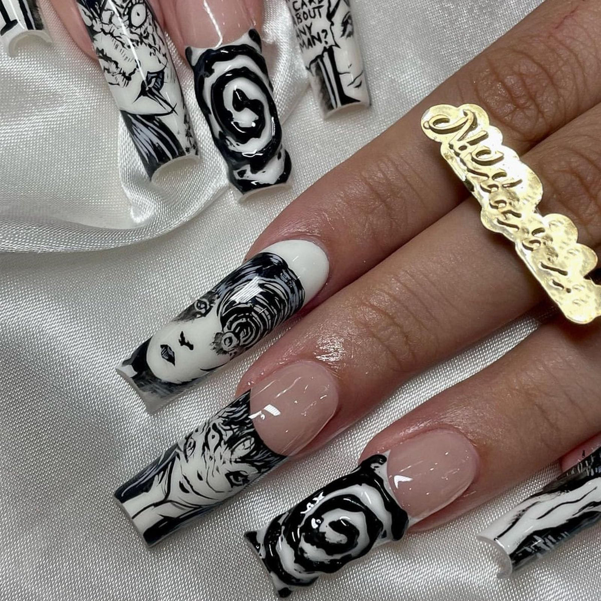 IMSOHOT Long Press on Nails Square French Fake Nails Y2K Black Cartoon Graffiti False Nails Glossy Ballerina Full Cover Acrylic Nails 24pcs
