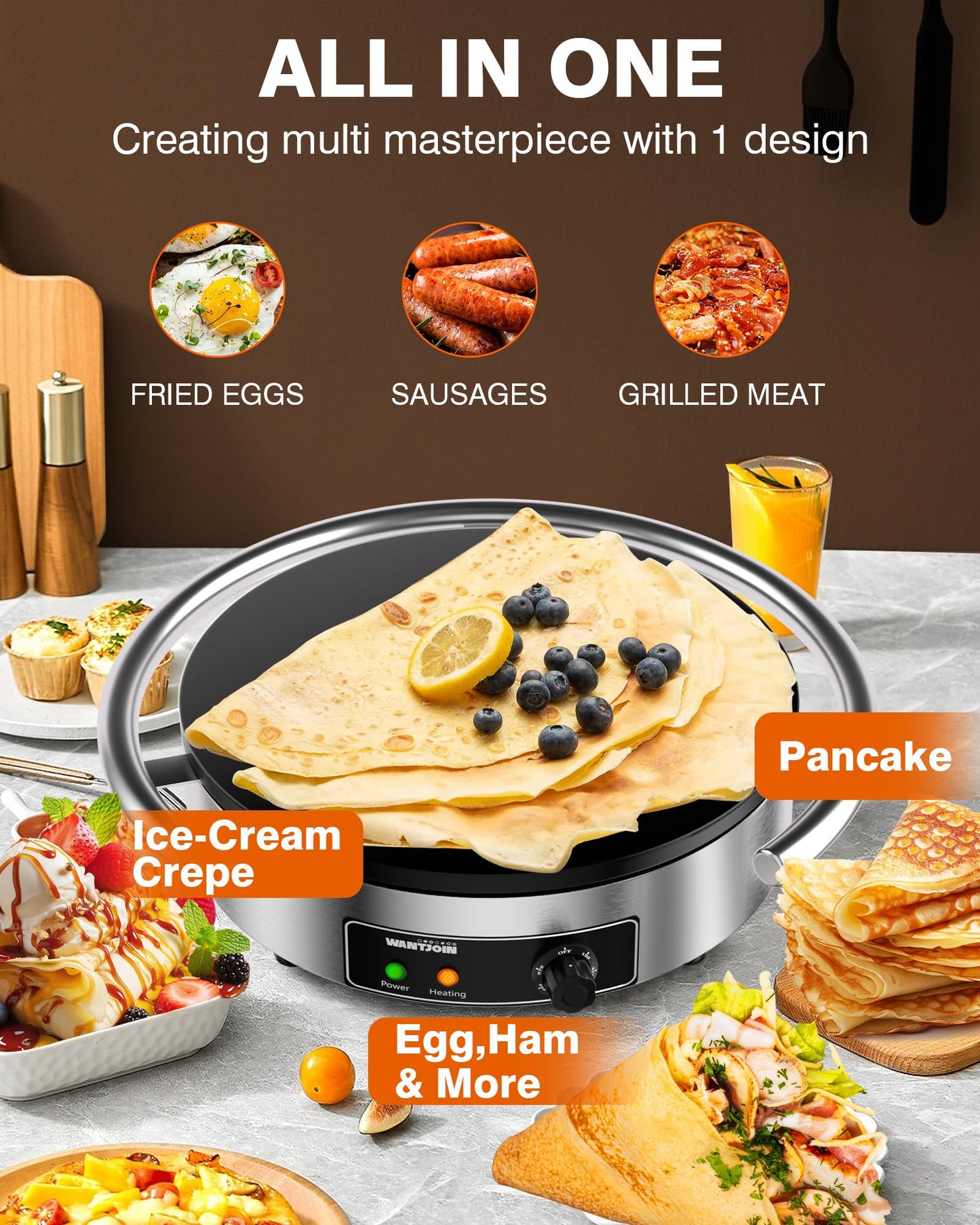 WantJoin Commercial Electric Crepe Maker 16 Inch 110V Non-Stick 1700W Electric Crepe Machine Adjustable Temperature Control 403 Stainless Steel Cooking Base 1700W
