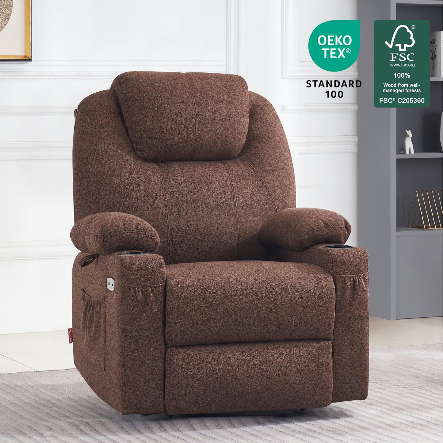 MCombo Power Lift Recliner Chair for Elderly, Lift Chair with Heat and Massage, FSC Certified, USB&Type C Ports, Cup Holders, Fabric 7040 (Medium,Coffee)