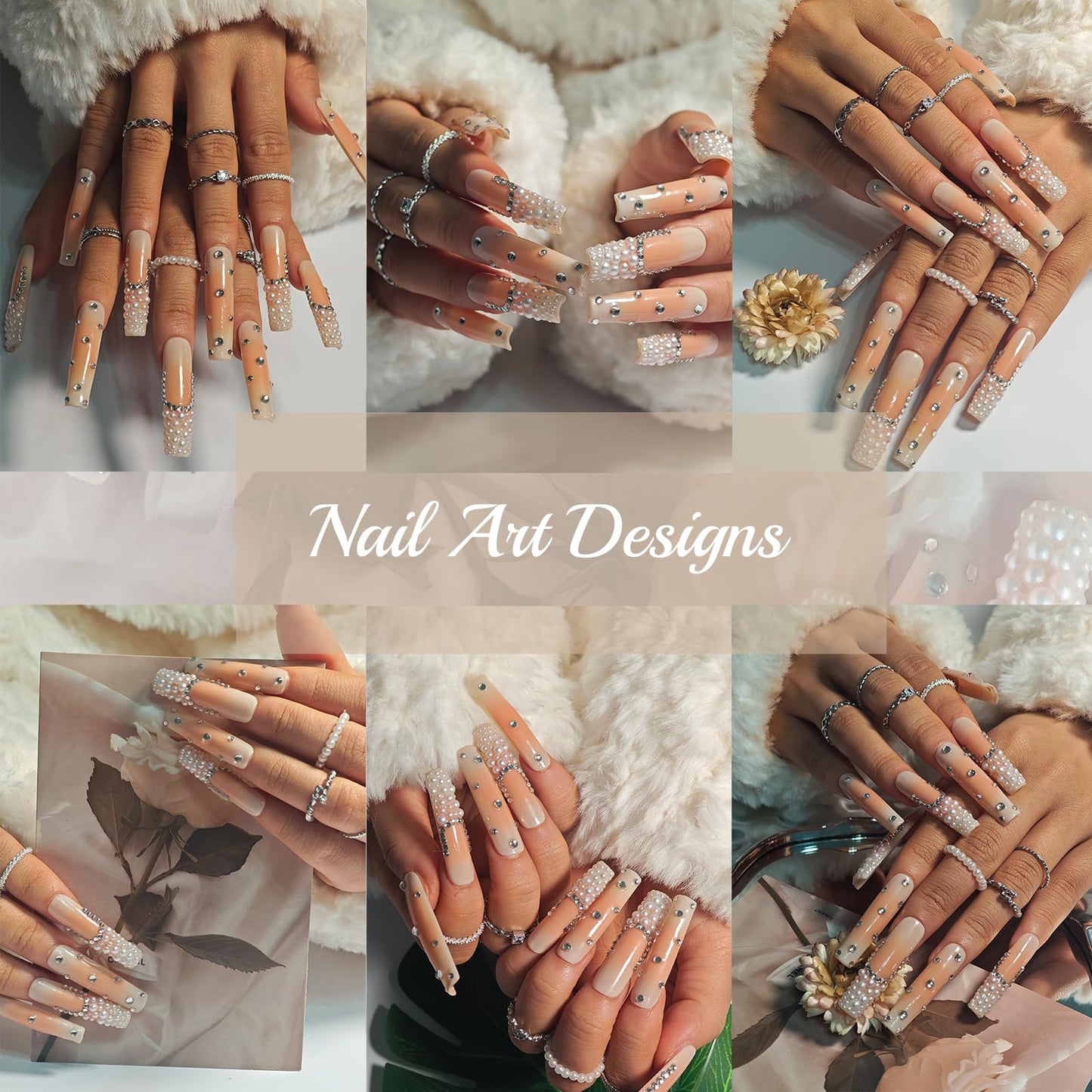 Handmade Square Press On Nails, French Tip Long, Rhinestone Pearl Ombre Nude for Women Gift, Reusable Stick On Fake Kit With Glue (NudePearl, M)