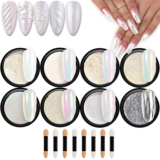 GELPARTY 8 Colors Pearl Chrome Nail Powder Set - Mirror Effect, Aurora & Mermaid Magic - Iridescent Holographic Pigment for Glazed Donut Nails - DIY Gel Manicure Art Design with Sponge Applicators