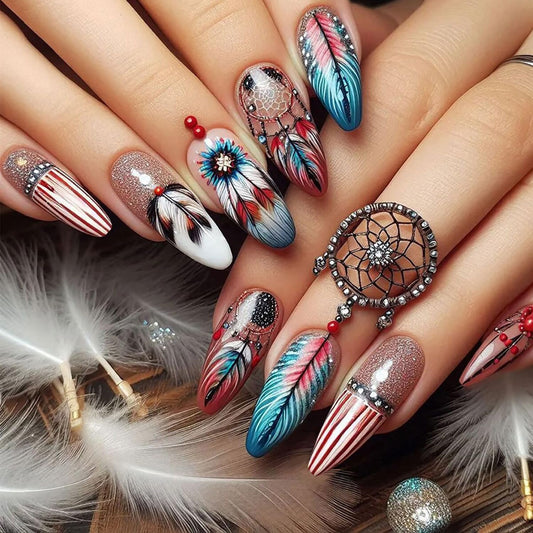Press on Nails Almond Medium Colorful Feather Gradient Design Glitter Powder False Nail Full Cover Glossy Acrylic Artificial Stick on Nails Press Ons Handmade DIY Reusable Glue on Nail for Women 24Pcs