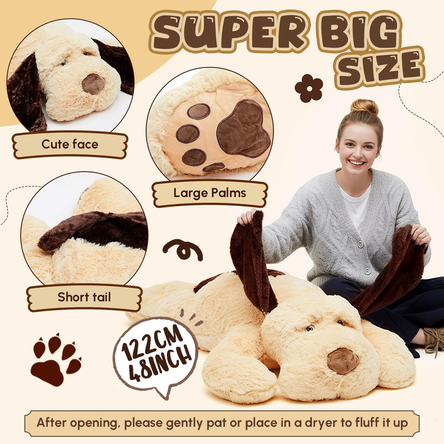 Juexica Giant Dog Stuffed Animal, 48 Inch Large Stuffed Dog Plush Body Puppy Pillow for Birthday Party Gift Supplies, Light Brown