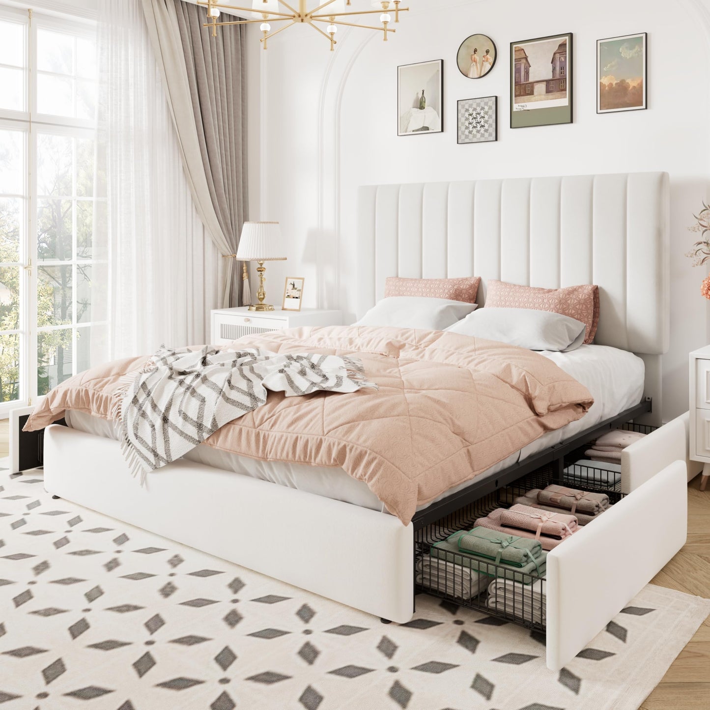 Allewie Queen Size Storage Bed Frame, Vertical Channel Tufted Adjustable Headboard, Velvet Upholstered Platform Bed with 4 Oversized Underbed Drawers, Wooden Slats Support, No Box Spring Needed, White