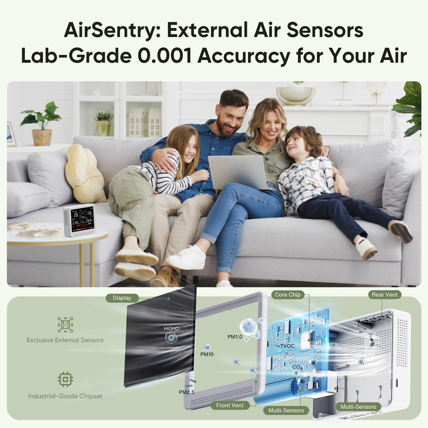bonoch 16 in 1 Air Quality Monitor Indoor 10h-Battery & 5.5" Display 9 AQI+7 AQI Alerts, CO2 Monitor, Air Quality Tester for CO2, TVOC PM2.5 PM1.0 PM10 HCHO Temperature Humidity AQI & Time Air Meter