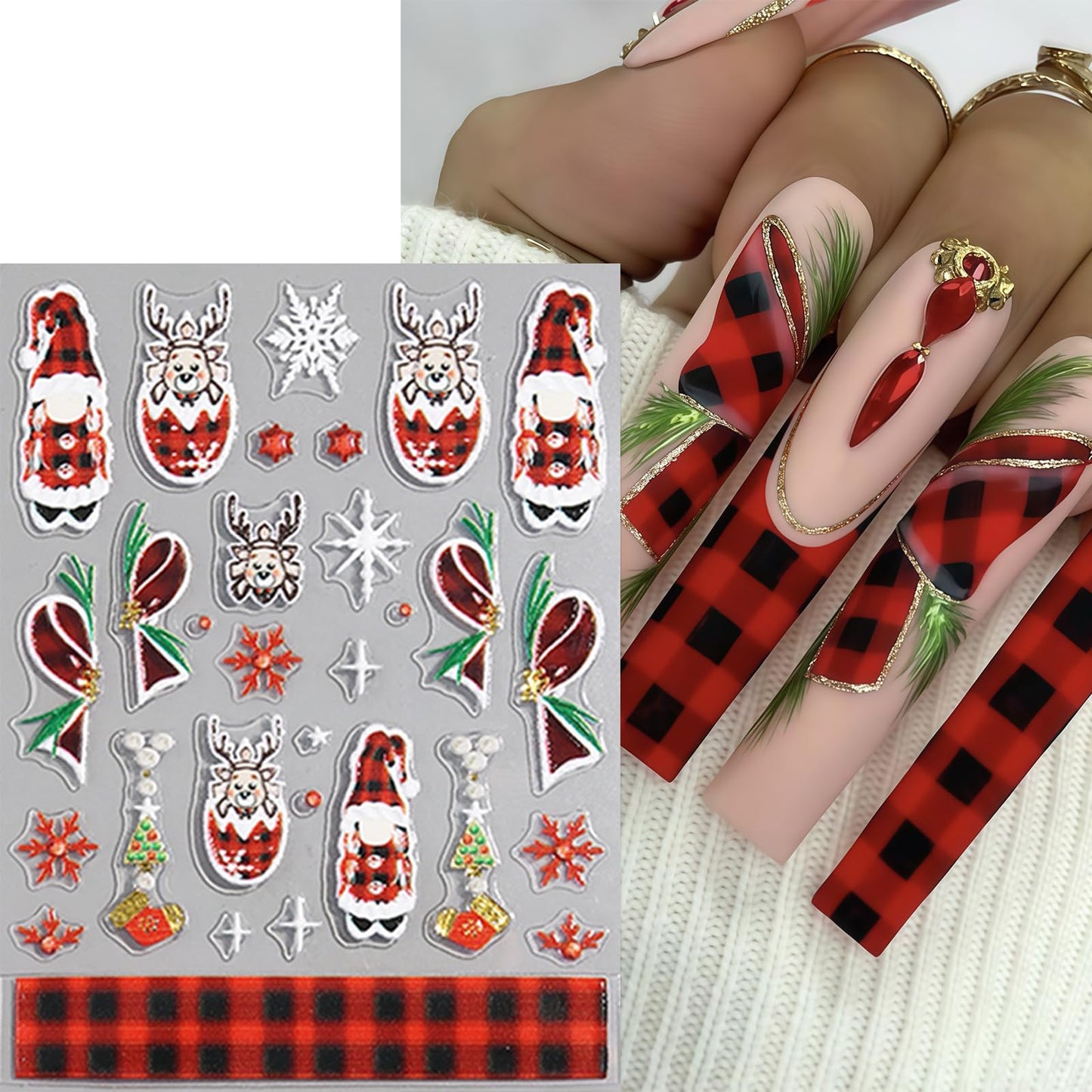 4 Sheets Christmas Nail Art Stickers Candy White French Line Nail Decals 5D Embossed Self-Adhesive Plaid Elk Snowflake Nail Design Nail Decoration for Women Winter Holiday Manicure DIY Nail Supplies