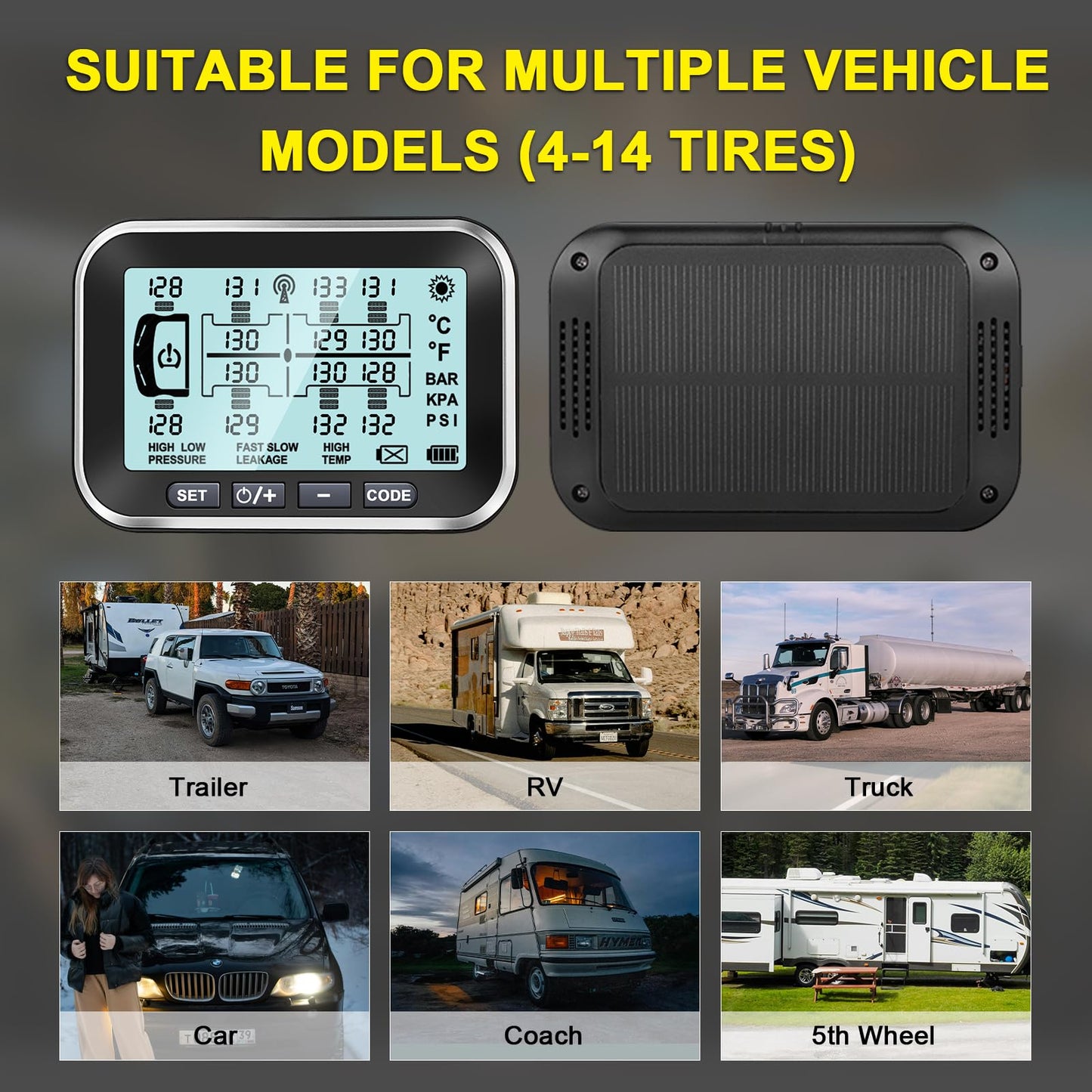 Trailer Tire Air Pressure Monitoring System, 4.5" Solar TPMS w/ 10 Flow Thru Sensors and Signal Booster,Long Sensing Distance,Taimster 6 Alerts Monitor for Semi Truck/RV/Camper/RV,0-199PSI