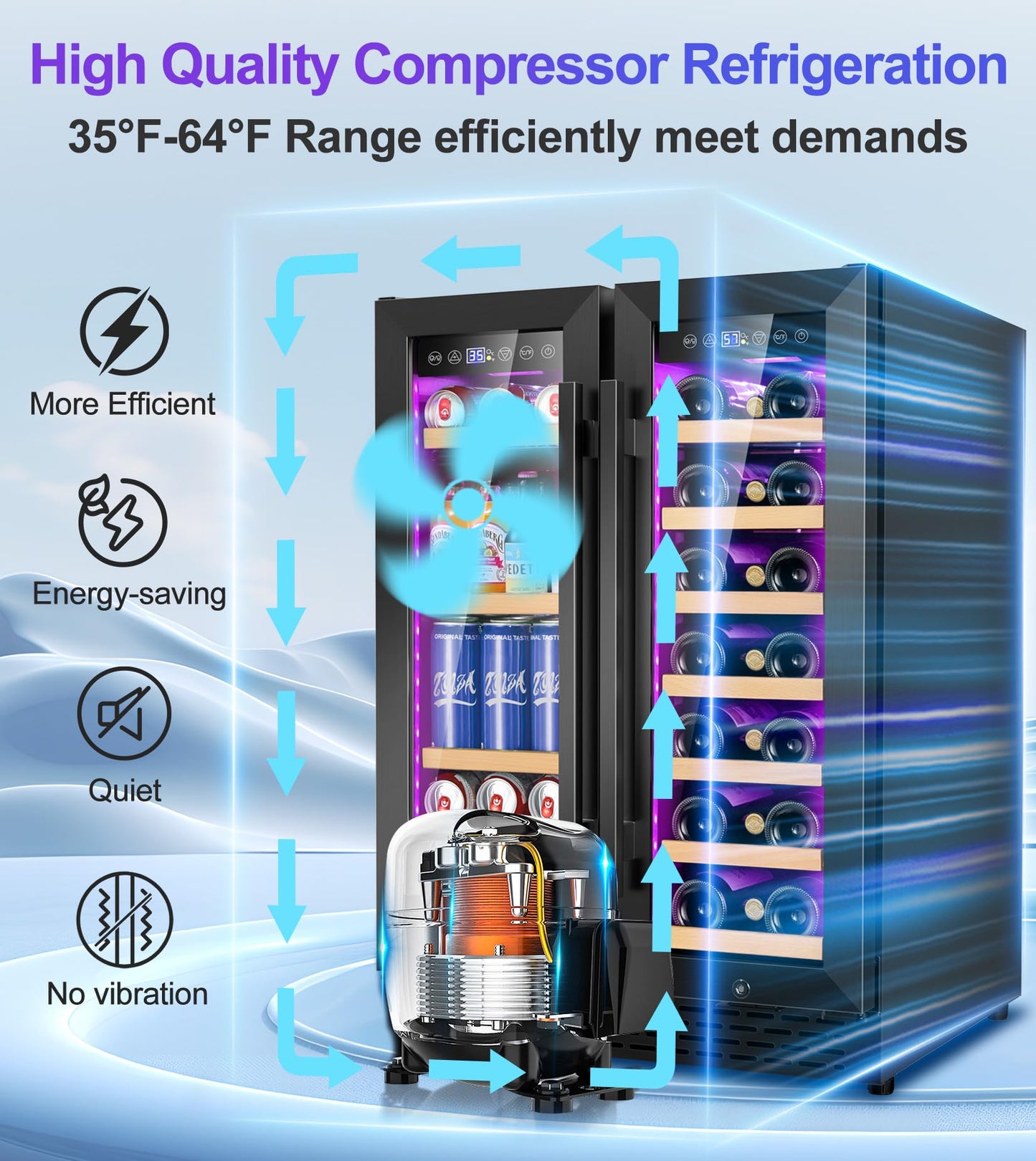 RLPI 24'' Wine and Beverage Refrigerator, 4.2 Cu. Ft. Dual Zone Wine Fridge with RGB Lights French Door Intelligent Control Advanced Compressor Under Counter Cooler for Outdoor Kitchen Bar Gift Black