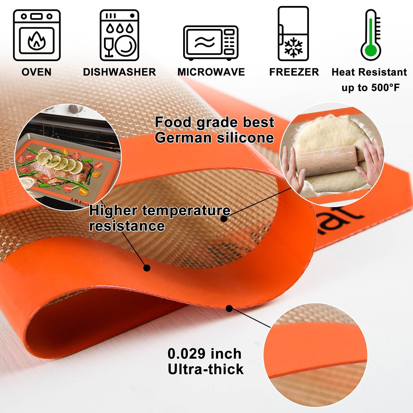 MMmat Silicone Baking Mats - Best German Silicone - Non Slip Silicone Baking Sheet, Non Stick Reusable Silicone Mats for Baking, Oven Liner, Counter Mat - 3/4 Sheet Baking Mat for Oven