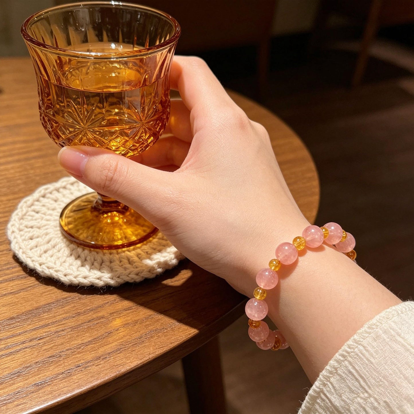 10mm pink crystal paired with 6mm yellow crystal bracelet for peach blossom prosperity and financial luck, natural crystal bracelet for women