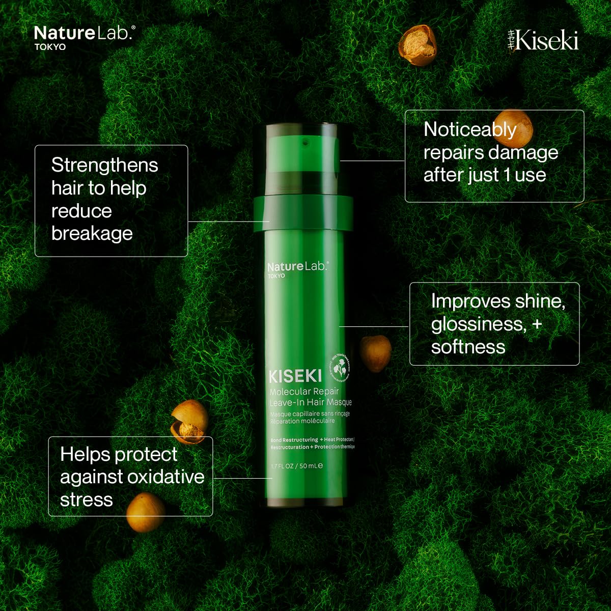 NatureLab.TOKYO Kiseki Molecular Repair Leave-In Hair Masque – Deep Conditioning Treatment to Restore, Strengthen & Bond Damaged Hair – Repair Split Ends, Add Shine & Smoothness – 1.7 Fl Oz