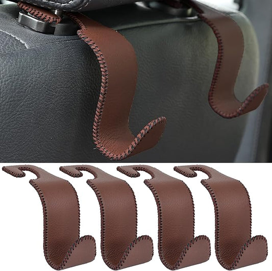Amooca Car Seat Headrest Hook 4 Pack Metal Core Hanger Universal Car Storage Organizer for Handbag Purse Coat S Type Leather Brown