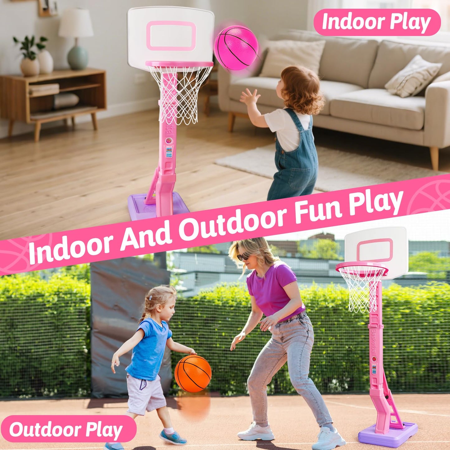 Toddler Pink Basketball Hoop for Age 1-3, Adjustable Kids Basketball Hoop with 3 Balls Indoor Outdoor Play Mini Poolside Basketball Goal Sport Toys Birthday Easter Gift for 1 2 3 4 Year Old Baby Girl