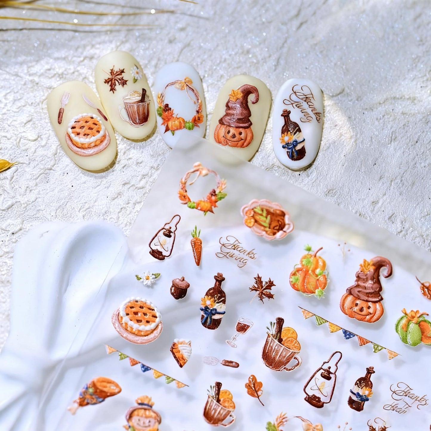 Thanksgiving Day Nail Stickers 5D Embossed Pumpkin Lanterns Nail Art Stickers 3D Self Adhesive Wine Bottles Nail Decals Fall Autumn Cute Girl Nail Design Garland Nail Art Supplies for Women 1 Sheet
