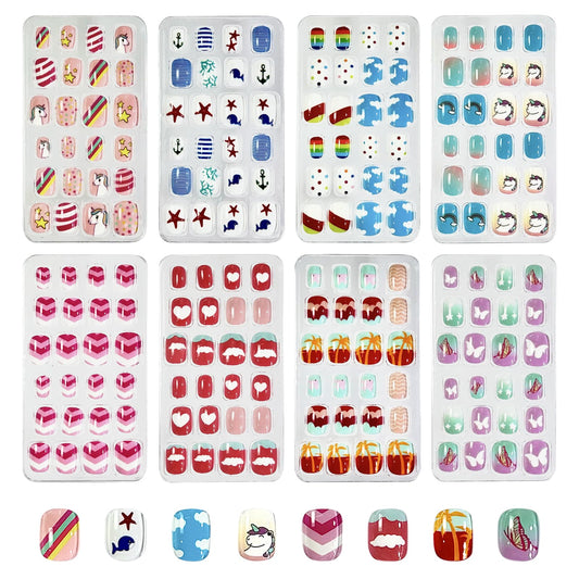 Jsiallye 192Pcs Short Press on Nails for Kids,8 Packs Children Stick on Nails Fake Nails for Kids,Pre-glue Full Cover Pink Flower Animail Nail Tips for 8-12 Year