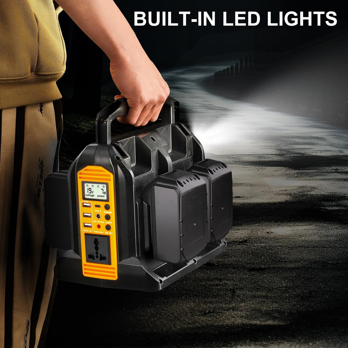 350W Power Inverter for Dewalt 20V 60V Li-ion Battery, 4-Port 20V to 120V Pure Sine Wave Inverter with LED Light, 3 USB-A Port, 1 USB-C Port, 1 DC Port, Power Station for Outdoor Camping (Tool Only)