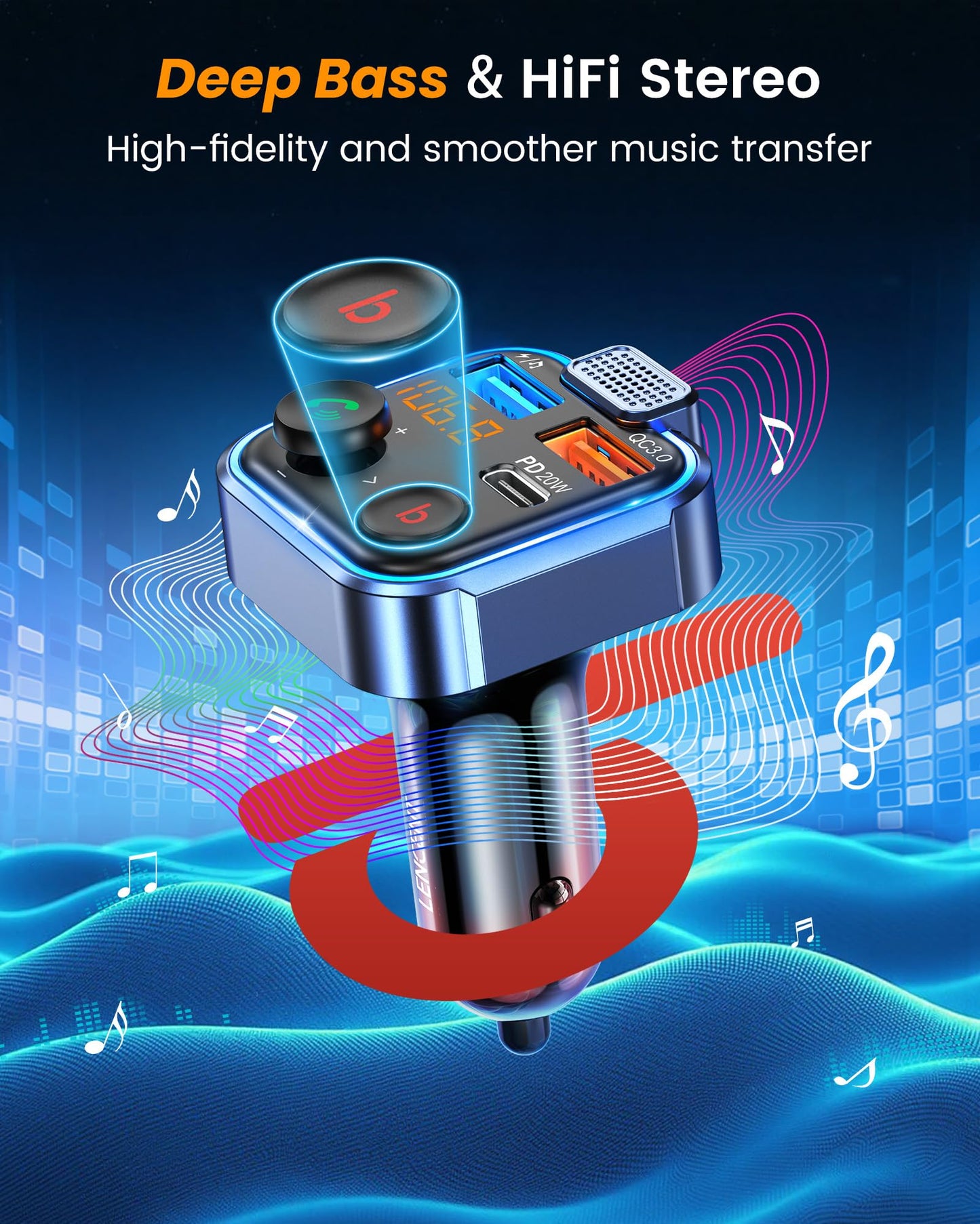 LENCENT FM Transmitter in-Car Adapter, Type-C PD 20W+ QC3.0 Fast USB Charger, Wireless Bluetooth 5.3 Radio Car Kit, Hands-Free Calling, MP3 Player Receiver Hi Fi Bass, Support U Disk