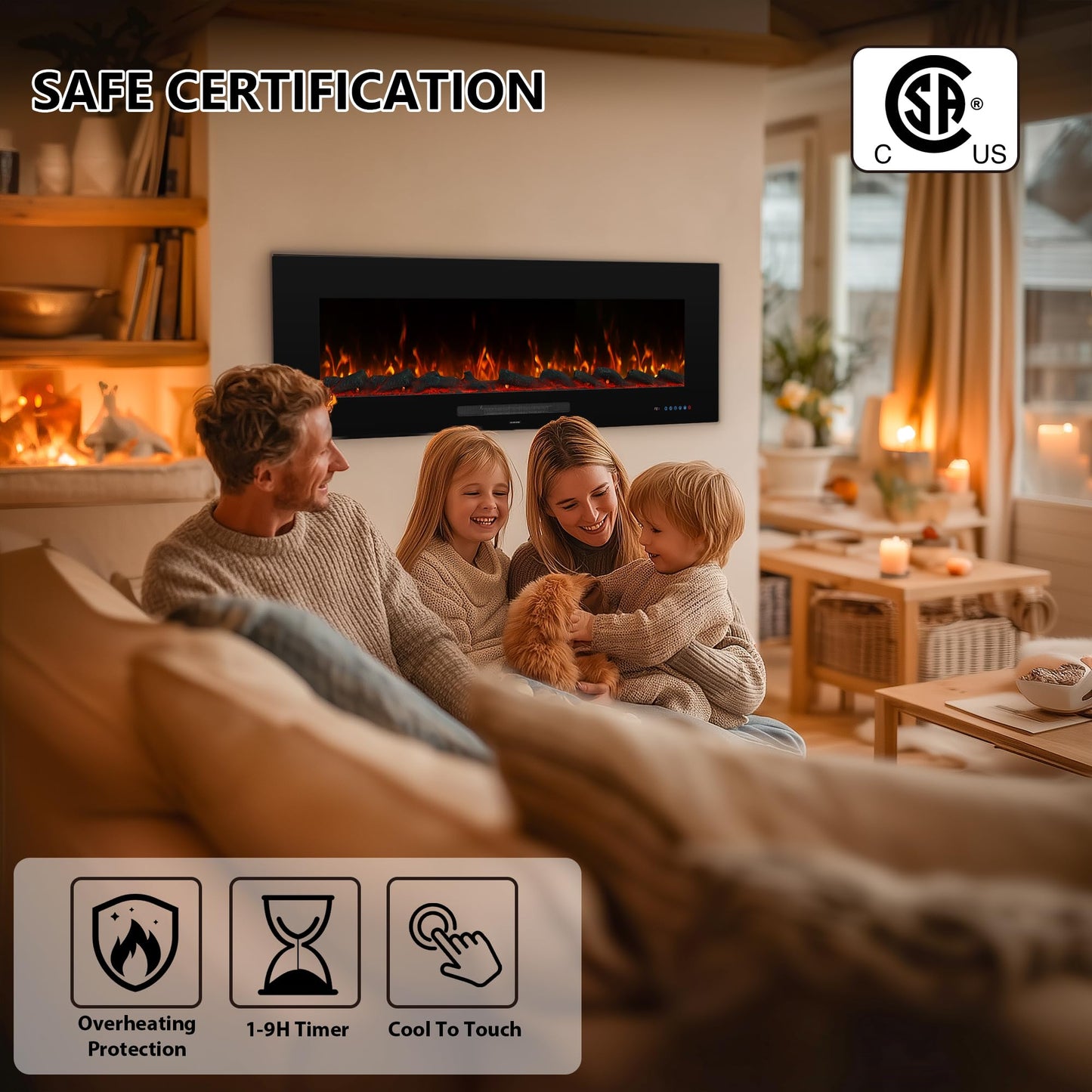 Dreamflame 60" Electric Fireplace, Recessed & Wall Mounted Fireplace Heater 13 * 13 Colors Flame &Fuel Bed w/5 Dimmer, Touchscreen &Remote Control Temp, Overheating Protect, Hardwired, 1500W, Black