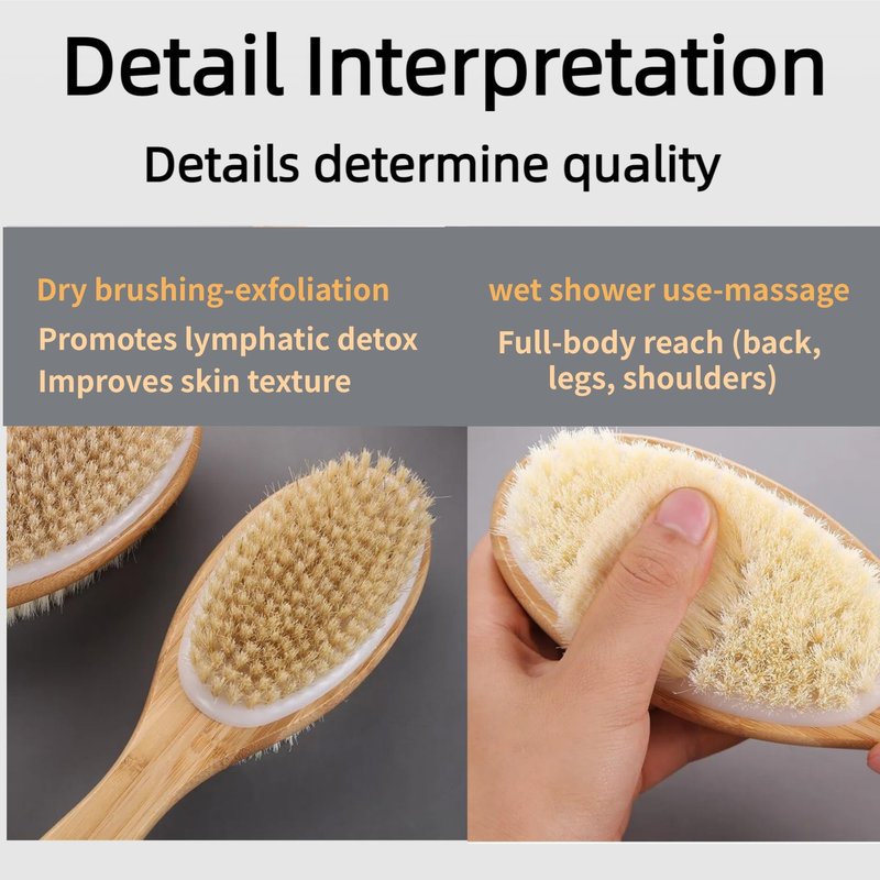 Back Scrubber for Shower, Bath Brush with Long Handle, Double-Sided Bamboo Body Brush for Wet or Dry Brushing, Exfoliating Bath Brush with Firm & Soft Bristles for Men & Women, 17.3 Inch