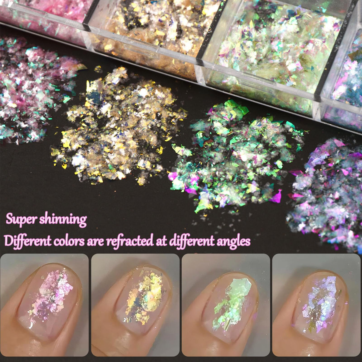 Holographic Aurora Opal Nail Flakes,12 Colors Iridescent Mermaid Nail Powder Gradient Ice Slag Nail Sequins Spring Summer for Gel Polish, Acrylic Nails, DIY Manicure & Resin Craft Supplies