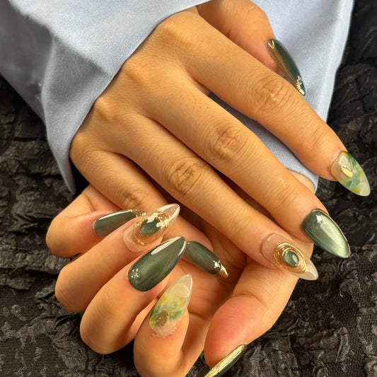 AKA Unicorn Handmade Press On Nails Short Almond, Greenish - Grey & Translucent Acrylic Fake Nails with Gold Accents, Luxury Press On Nails with Charm Design for Wedding & Party Wear(AKA 014, Long)