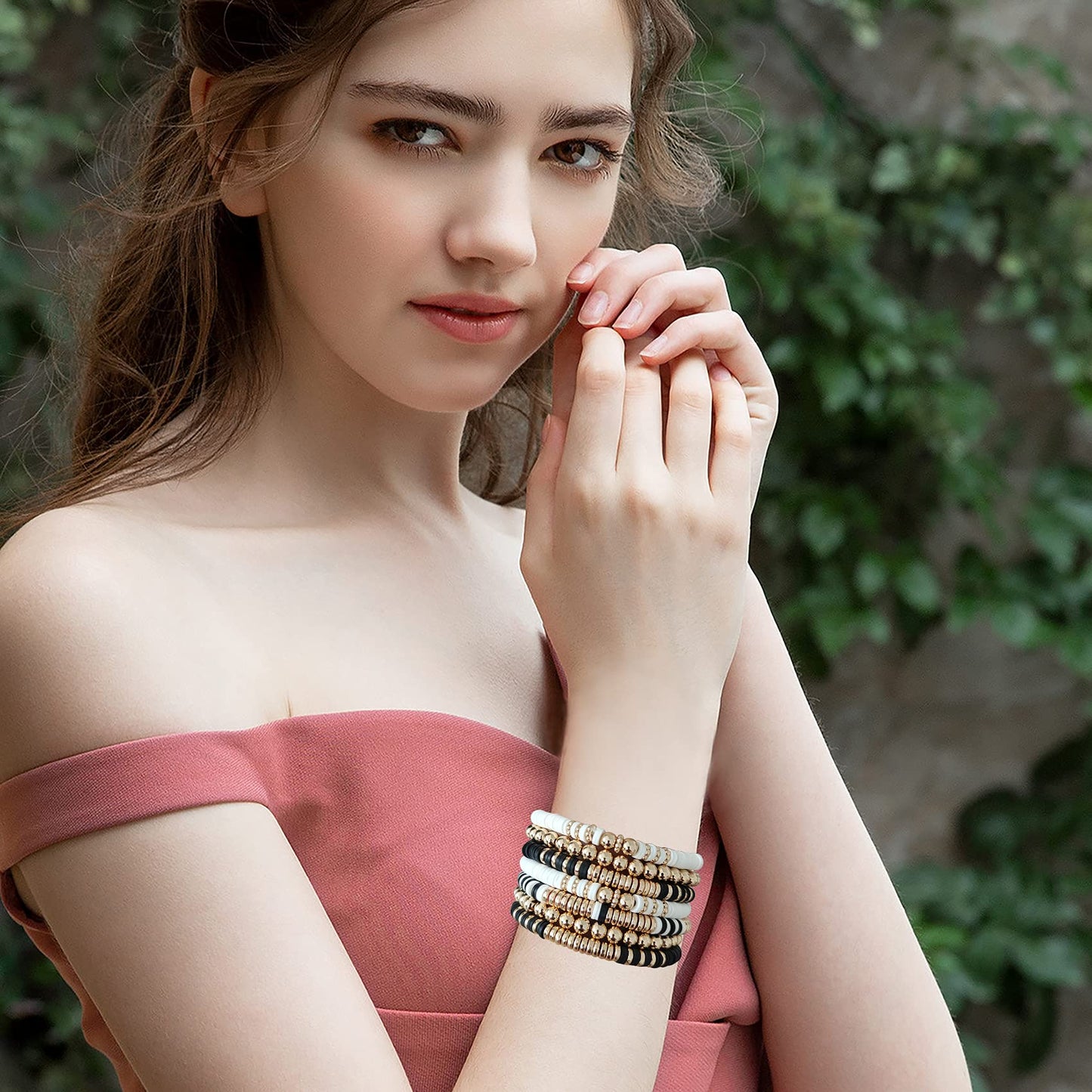 GOOJIDS Black Surfer Heishi Clay Bead Bracelets for Women Bohemian Stackable Gold Plated Beaded Stretch Bracelets Elastic Layering Friendship Bracelets Set Jewelry Gift