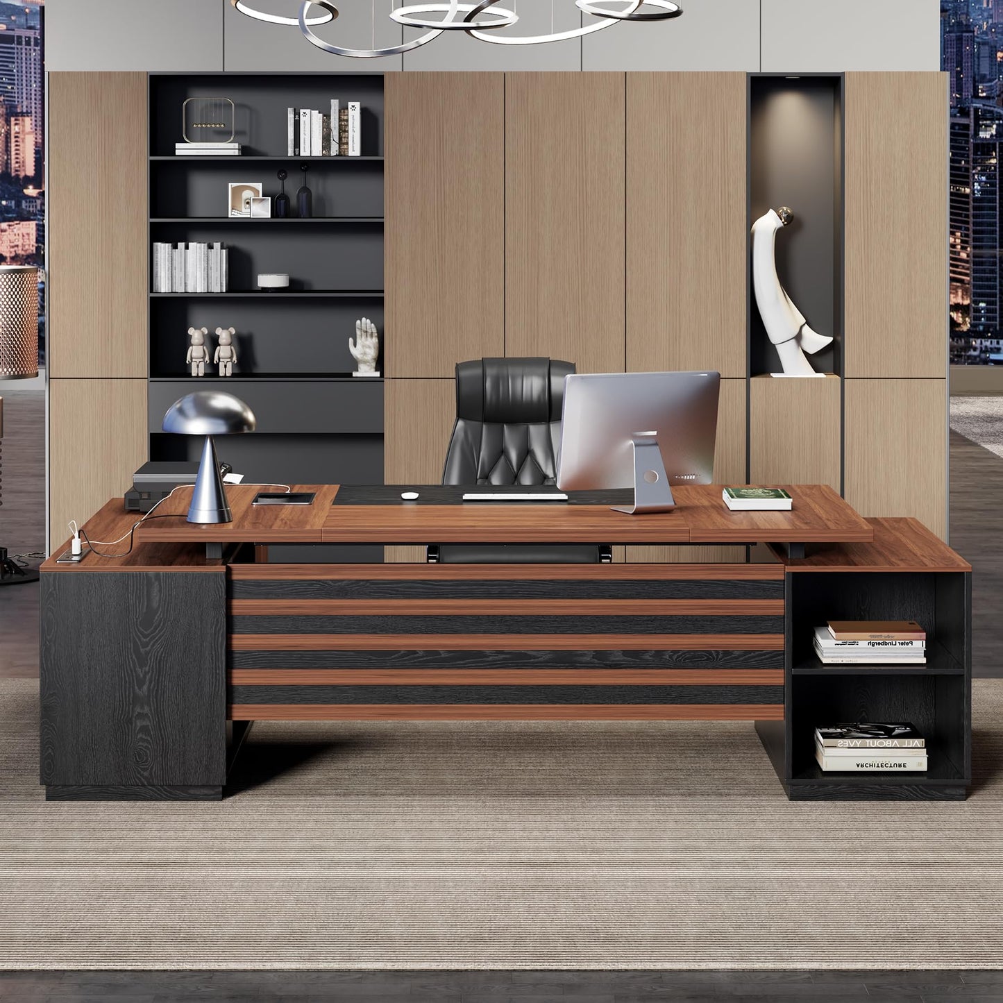 Epecoya L-Shaped Executive Desk with Drawers, 78-Inch Large Home Office Desk with Power Outlet and Lateral File Cabinet, Modern Computer Table with Open Shelf and Storage Cabinet for Home, Brown Black